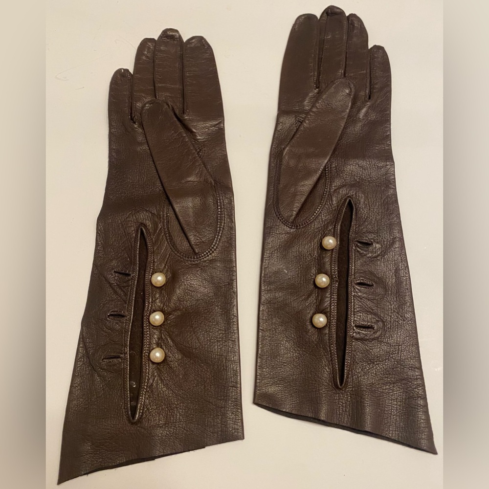 Vintage Gloves Long Brown Handmade Lambskin Leather Gloves New size XS